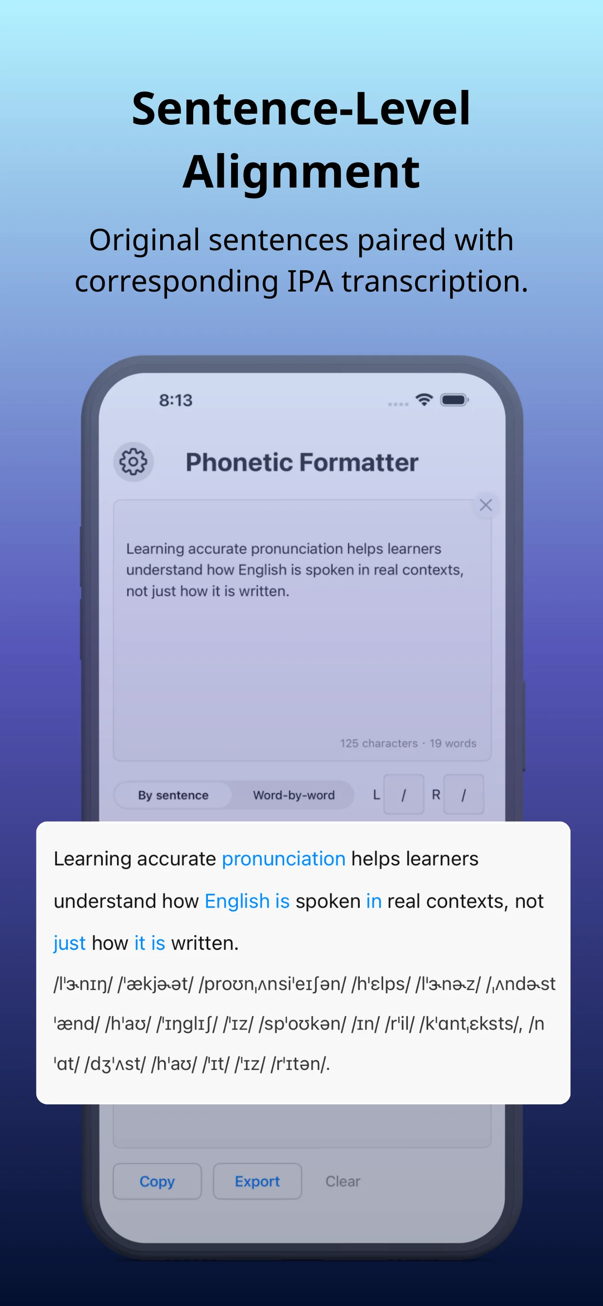 Phonetic Formatter app screenshot - sentence-level alignment, original text with IPA transcription