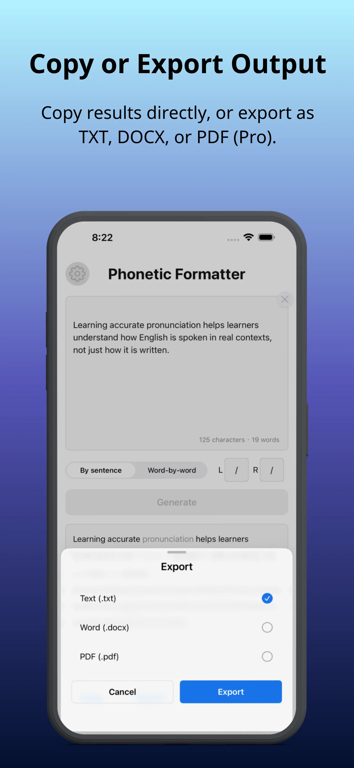 Phonetic Formatter app screenshot - copy or export to TXT DOCX PDF