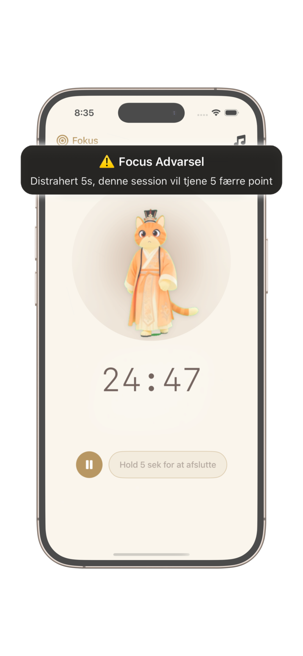 PurrrrrFocus Elite Fokus-tilstand skærm viser indbyggede disciplin-funktioner