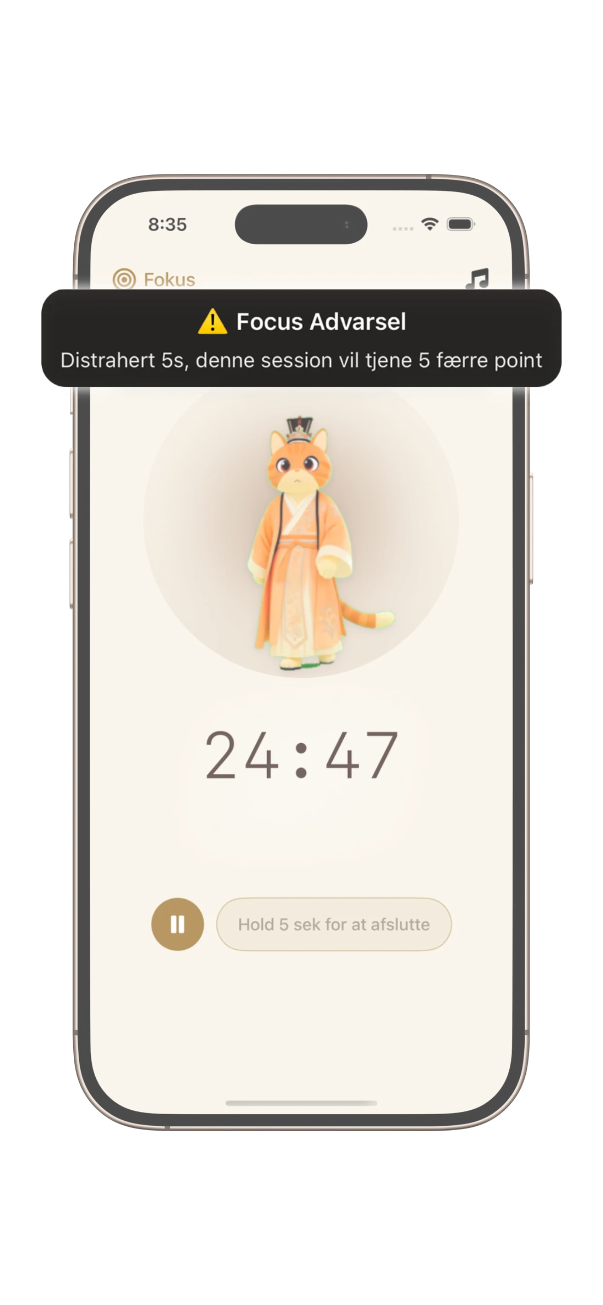 PurrrrrFocus Elite Fokus-tilstand skærm viser indbyggede disciplin-funktioner