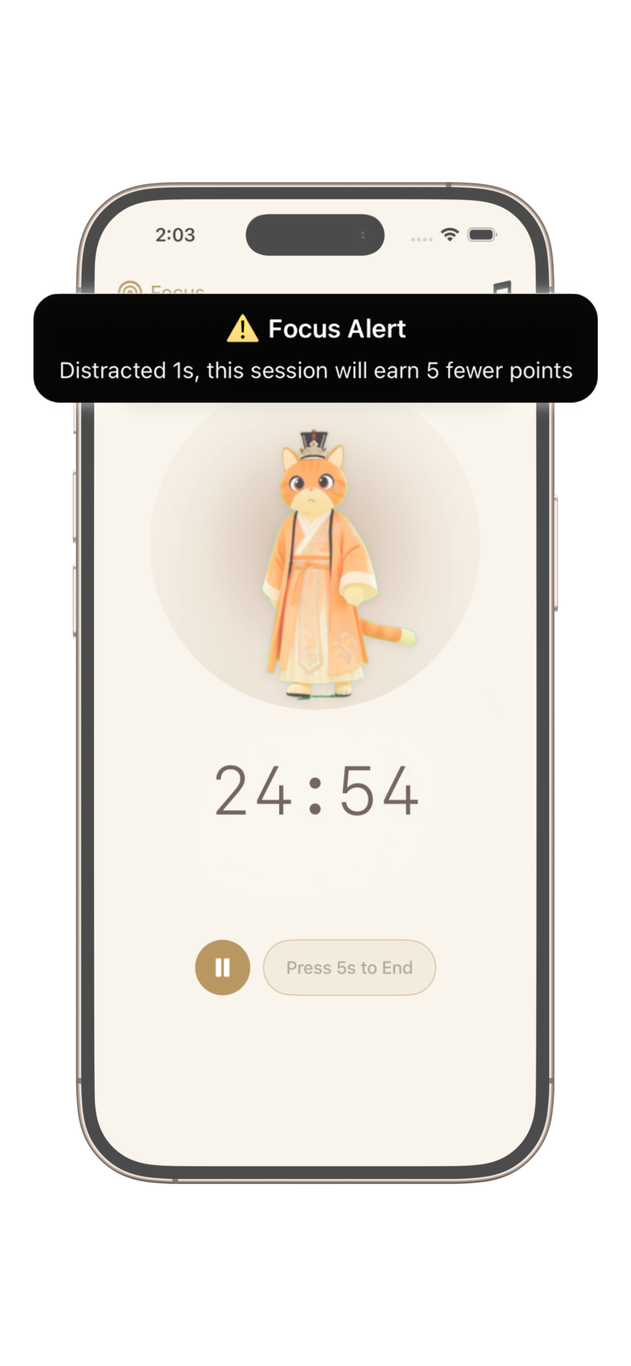 PurrrrrFocus Elite Focus Mode screen showing built-in discipline features