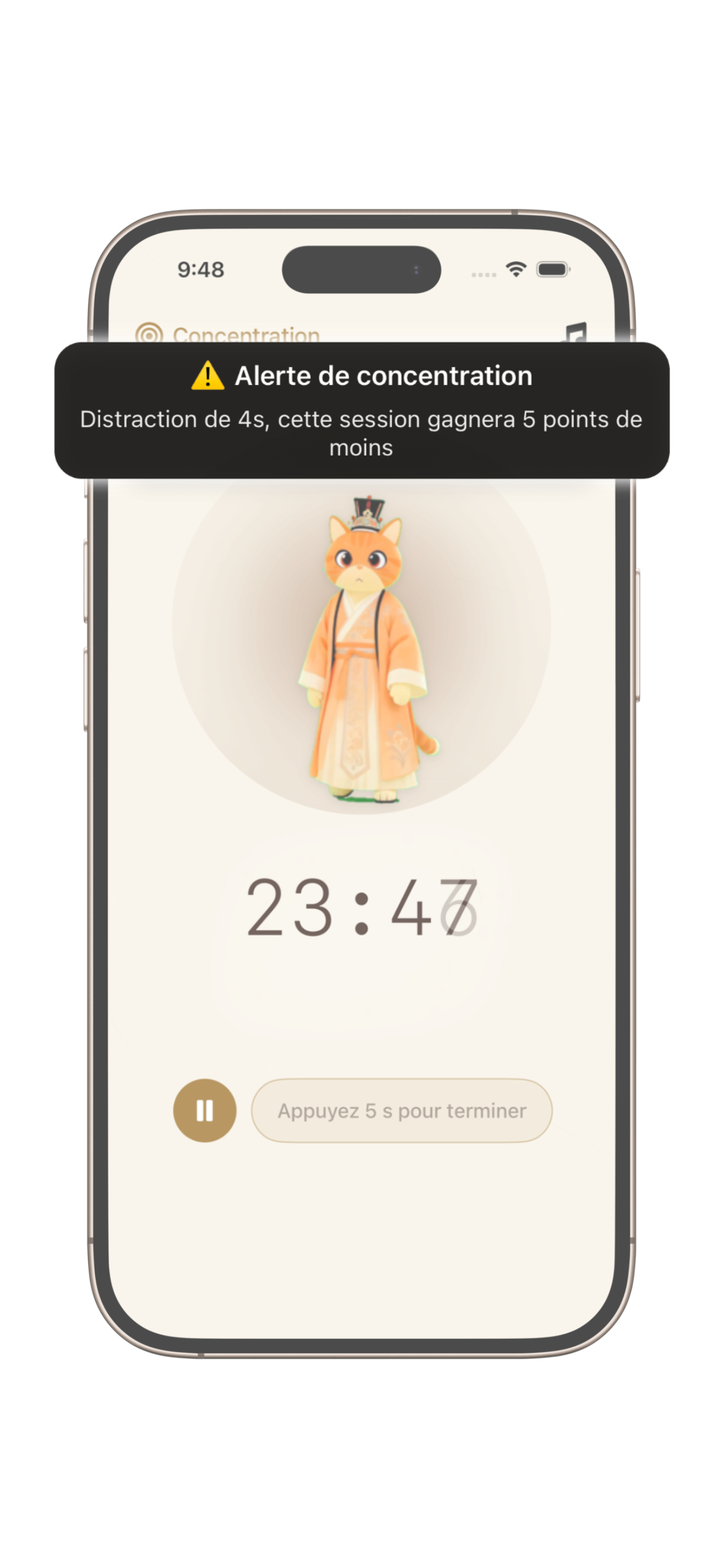 Écran du mode de concentration d'élite PurrrrrFocus montrant les fonctionnalités de discipline intégrées