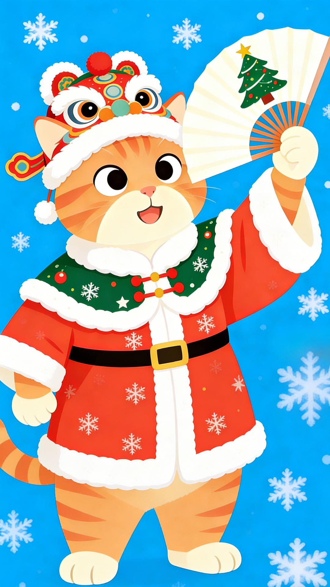 圣诞国风猫咪壁纸：蓝色雪花背景，橘猫圣诞服与醒狮元素帽子，折扇混搭喜庆风格