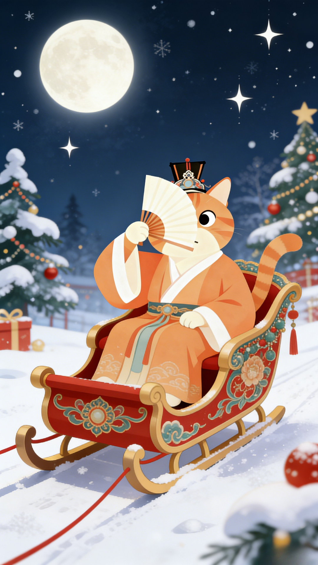 圣诞夜雪景猫咪壁纸：满月下橘猫坐雪橇，圣诞树与红色装饰点缀，浪漫欢乐氛围