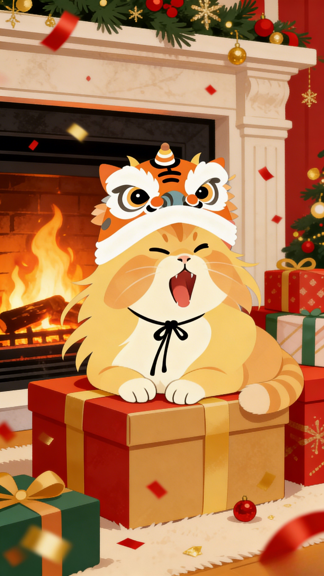 圣诞壁炉猫咪壁纸：暖色火炉场景，醒狮头套橘猫趴礼盒，圣诞袜与松枝营造温馨居家感