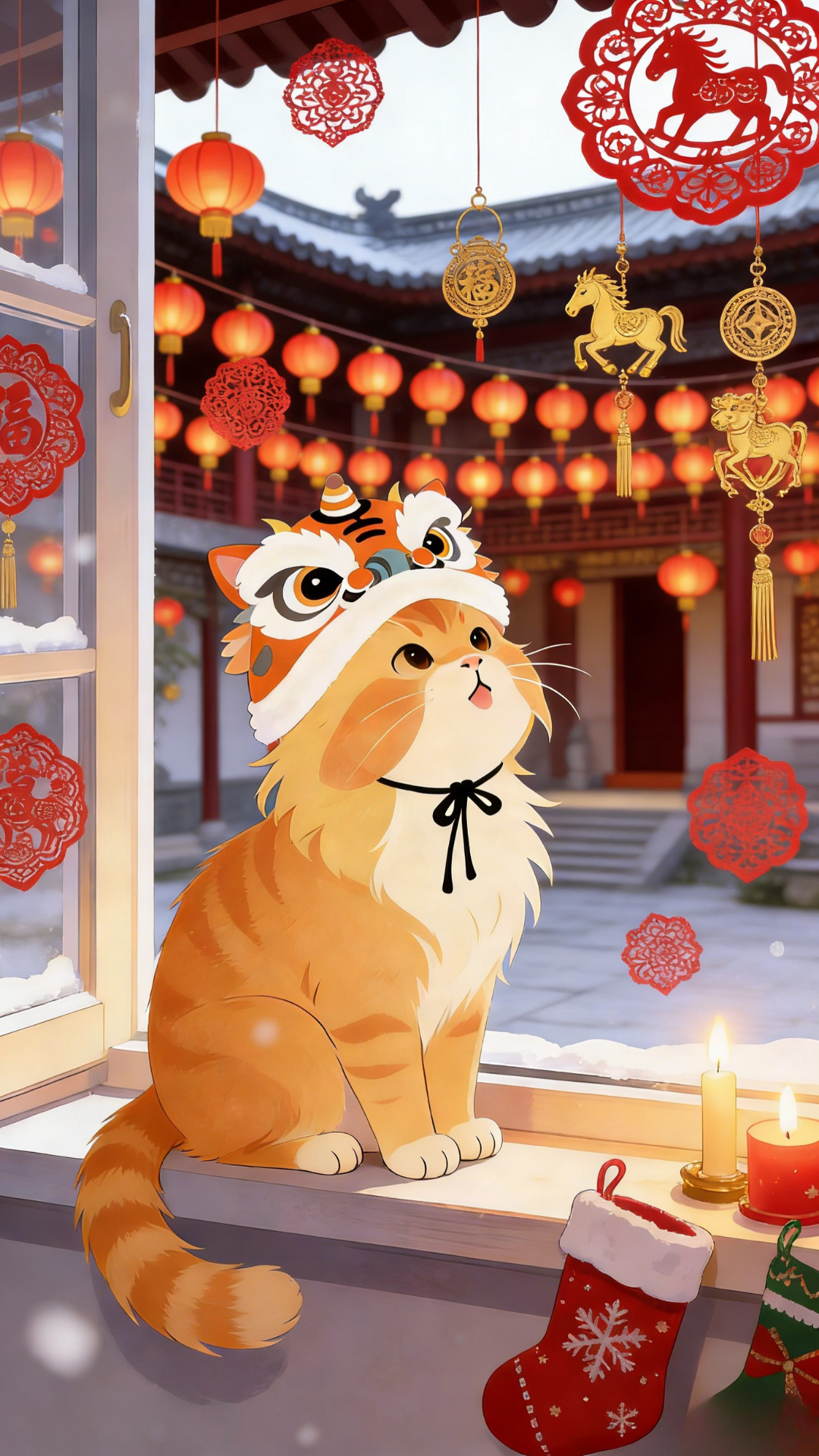 2026新春国风猫咪壁纸：中式街巷红灯笼剪纸背景，戴虎头帽橘猫与红礼盒年味场景