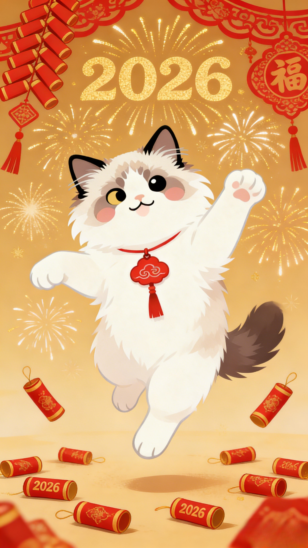 2026春节烟花鞭炮猫咪壁纸：金红渐变背景、白棕小猫红绳庆祝动作，热闹欢快新年氛围