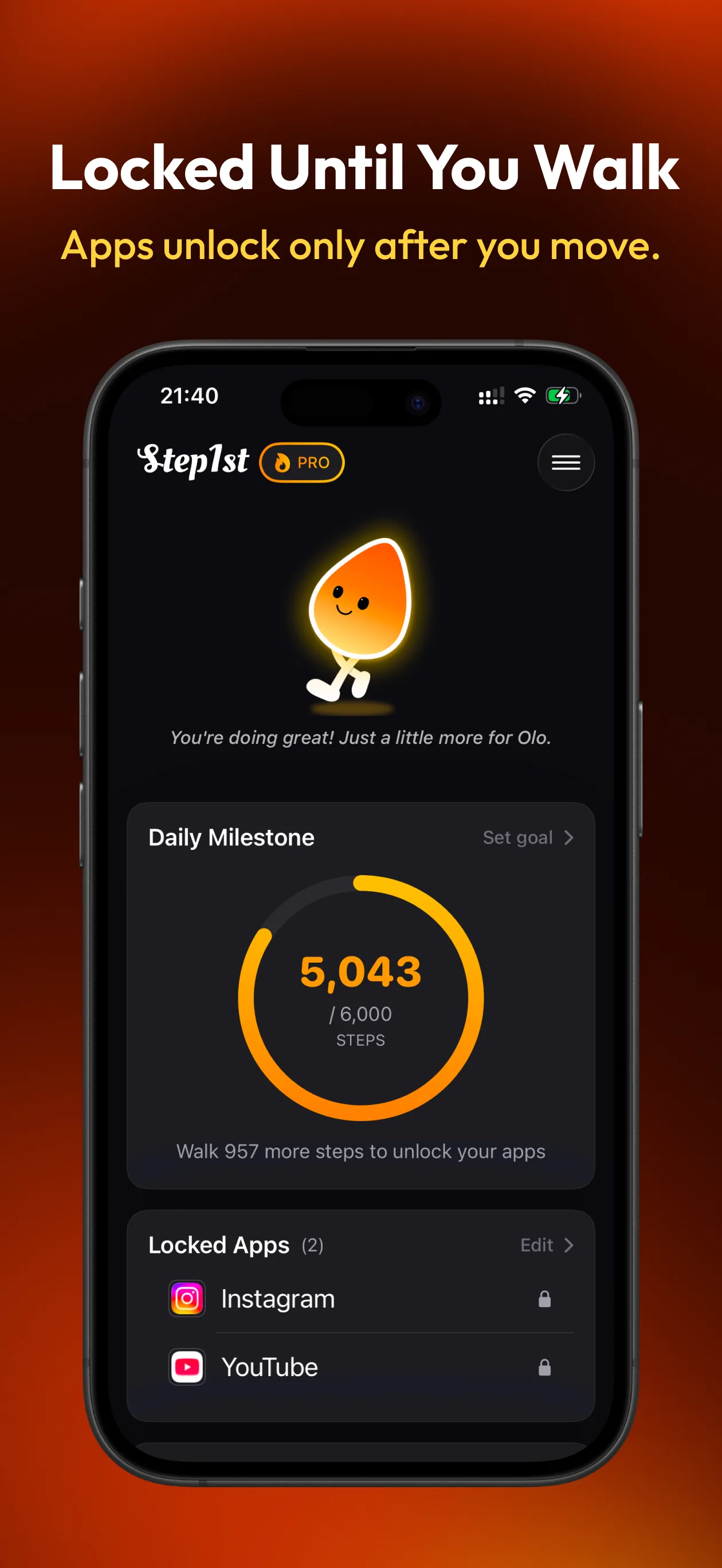 Step1st app screenshot - step goal and app unlocking dashboard
