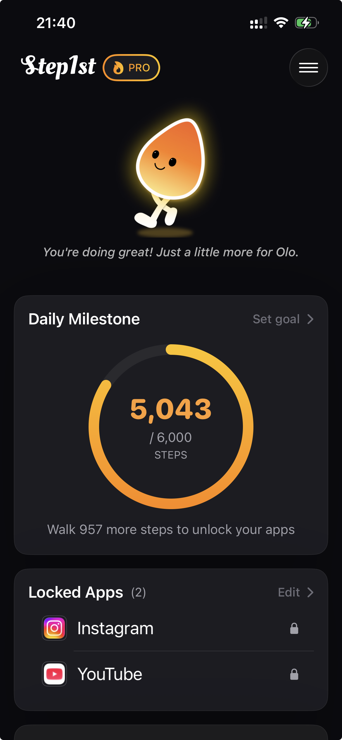 Step1st app interface showing step goals and app blocker dashboard