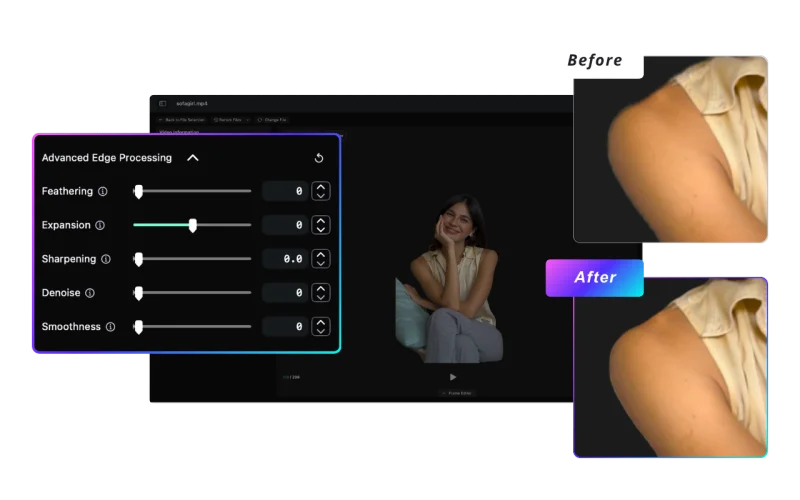 TransMov Pro advanced edge processing controls in the app UI: feather, scale, sharpen, denoise, smooth, and related matting parameters.