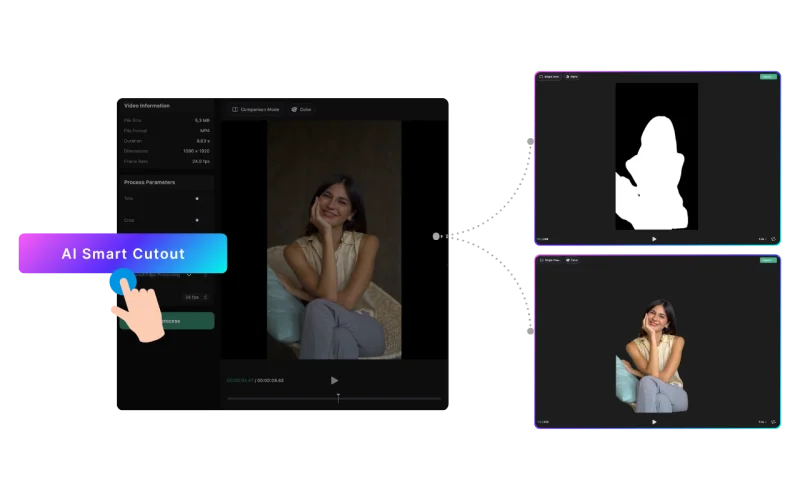 TransMov one-click AI video matting on Mac: import a clip, run local AI to isolate the subject and remove the background without uploading, then export a transparent APNG, WebP, or GIF.