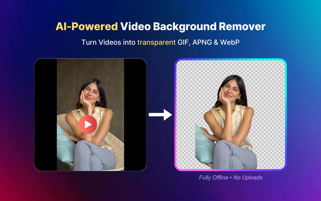 TransMov app screenshot - AI-powered video background remover, before and after with transparent GIF APNG WebP
