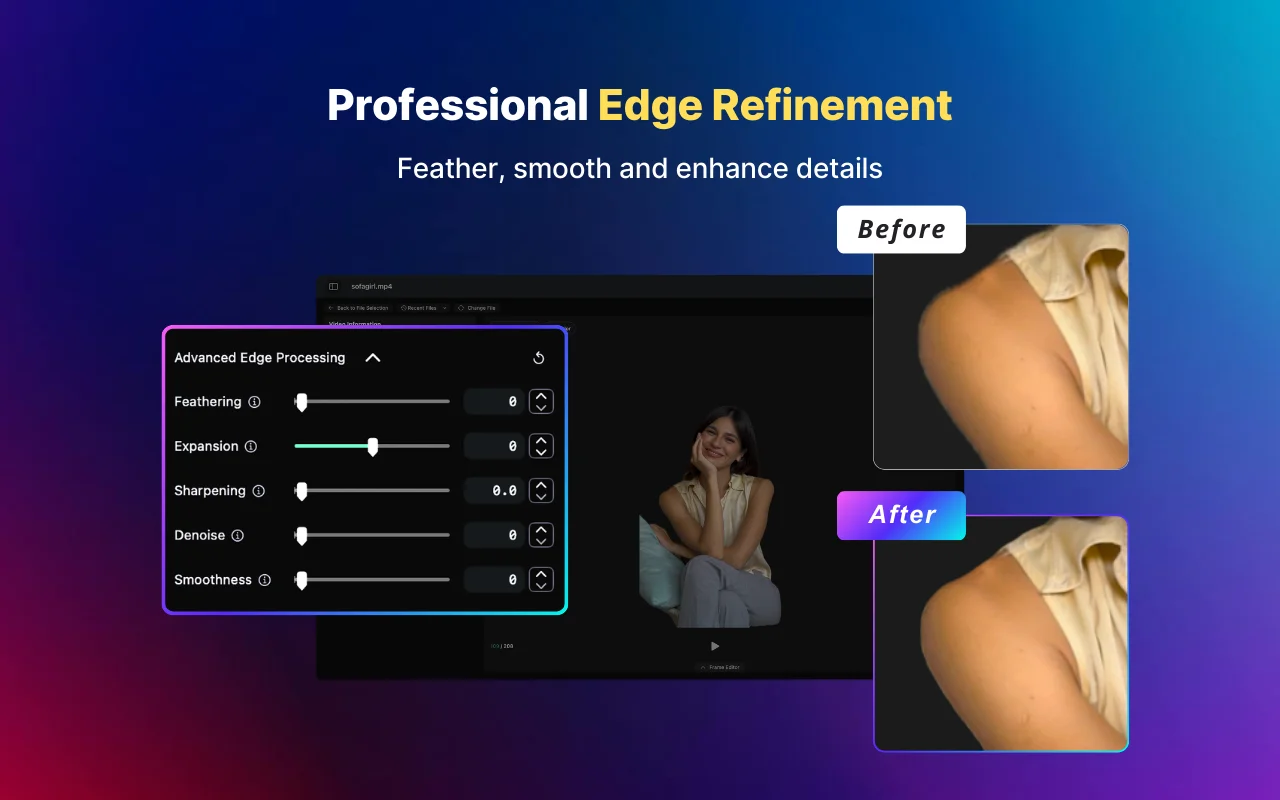 TransMov app screenshot - Professional edge refinement, feather smooth and enhance details