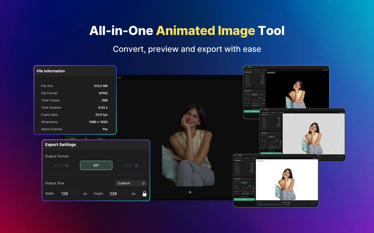 TransMov app screenshot - All-in-one animated image tool, convert preview and export APNG GIF WebP
